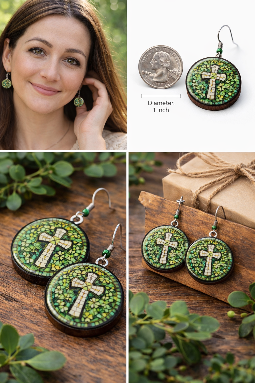 Stained Glass Cross Earrings – Handmade Wood and Resin Dangle Earrings – Green Mosaic Cross Jewelry – Lightweight Wood and Resin Earrings – Faith Inspired Gift