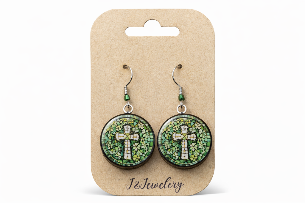 Stained Glass Cross Earrings – Handmade Wood and Resin Dangle Earrings – Green Mosaic Cross Jewelry – Lightweight Wood and Resin Earrings – Faith Inspired Gift