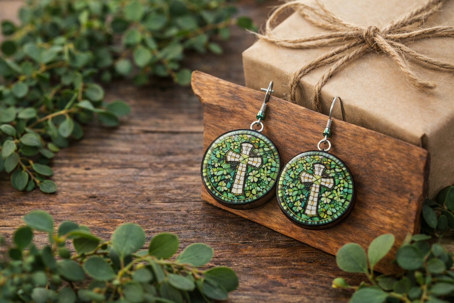 Stained Glass Cross Earrings – Handmade Wood and Resin Dangle Earrings – Green Mosaic Cross Jewelry – Lightweight Wood and Resin Earrings – Faith Inspired Gift
