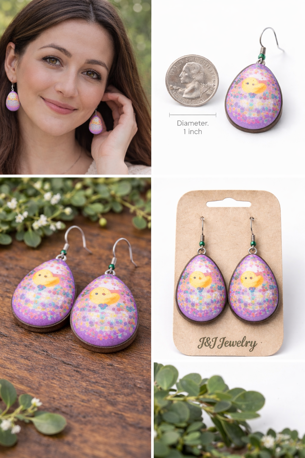 Easter Chick Egg Wood and Resin Earrings – Handmade Wood and UV Resin Spring Jewelry