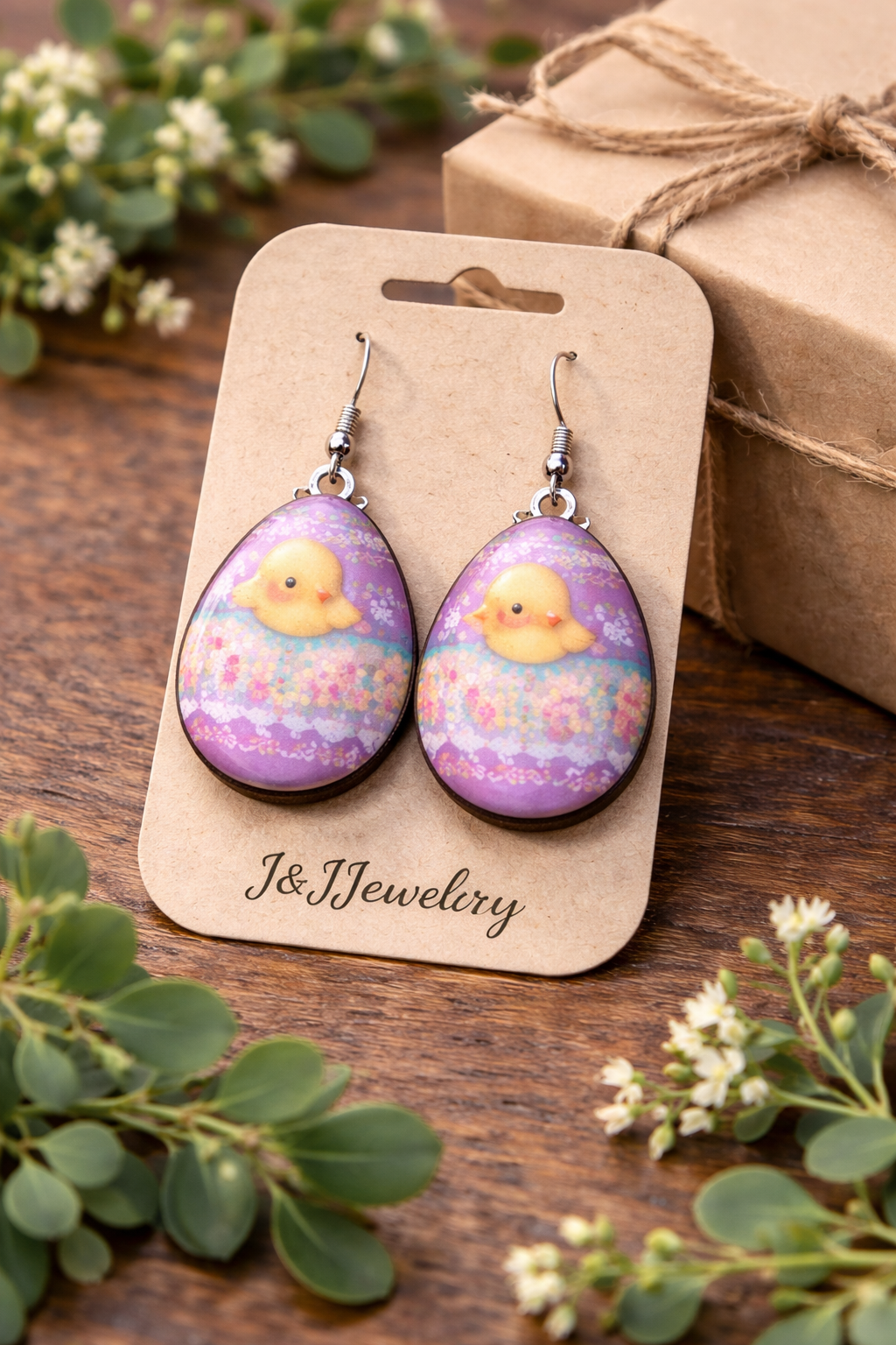 Easter Chick Egg Wood and Resin Earrings – Handmade Wood and UV Resin Spring Jewelry