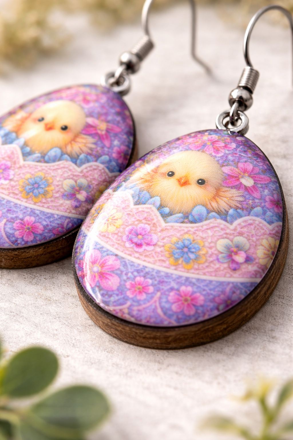 Easter Chick Egg Wood and Resin Earrings – Handmade Wood and UV Resin Spring Jewelry