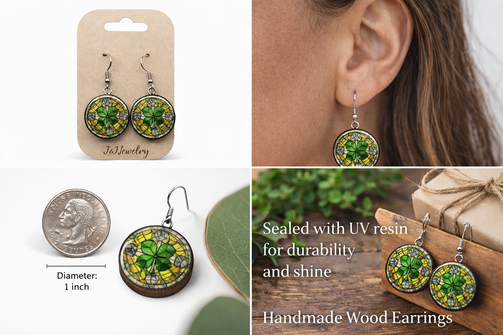 Stained Glass Clover Earrings – Handmade Wood and Resin Dangle Earrings – Green Clover Jewelry – Lightweight Wood and Resin Earrings – St Patrick’s Day Gift