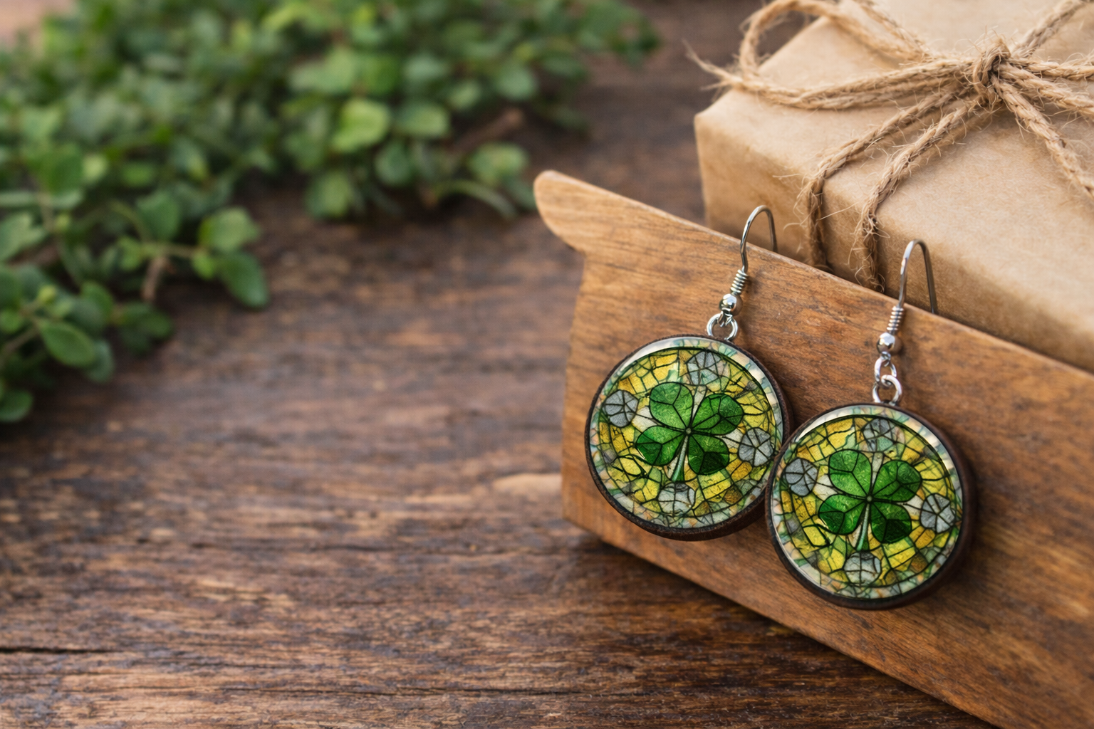 Stained Glass Clover Earrings – Handmade Wood and Resin Dangle Earrings – Green Clover Jewelry – Lightweight Wood and Resin Earrings – St Patrick’s Day Gift