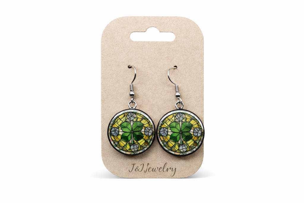 Stained Glass Clover Earrings – Handmade Wood and Resin Dangle Earrings – Green Clover Jewelry – Lightweight Wood and Resin Earrings – St Patrick’s Day Gift