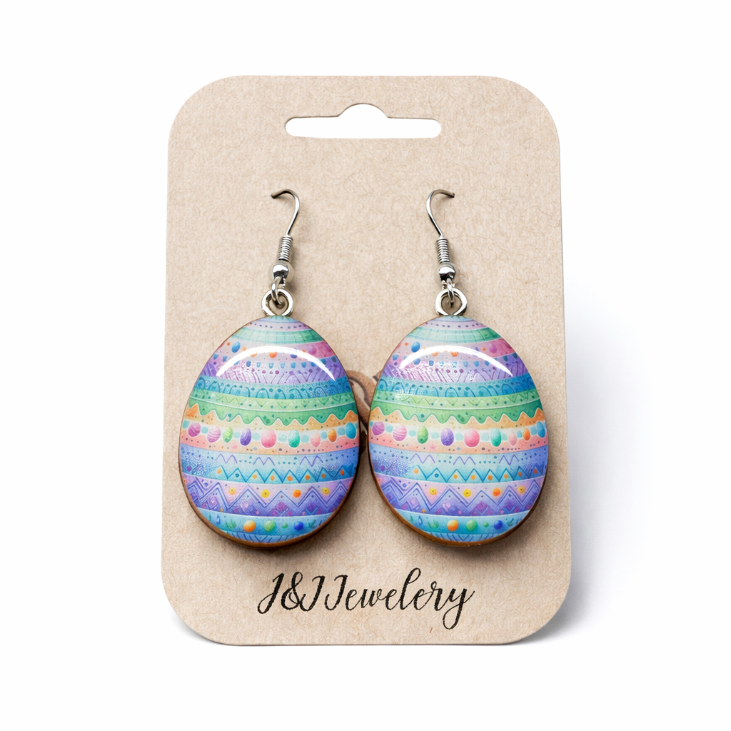 Pastel Pattern Egg Wood and Resin Earrings – Handmade Wood and UV Resin Lightweight Dangle Earrings
