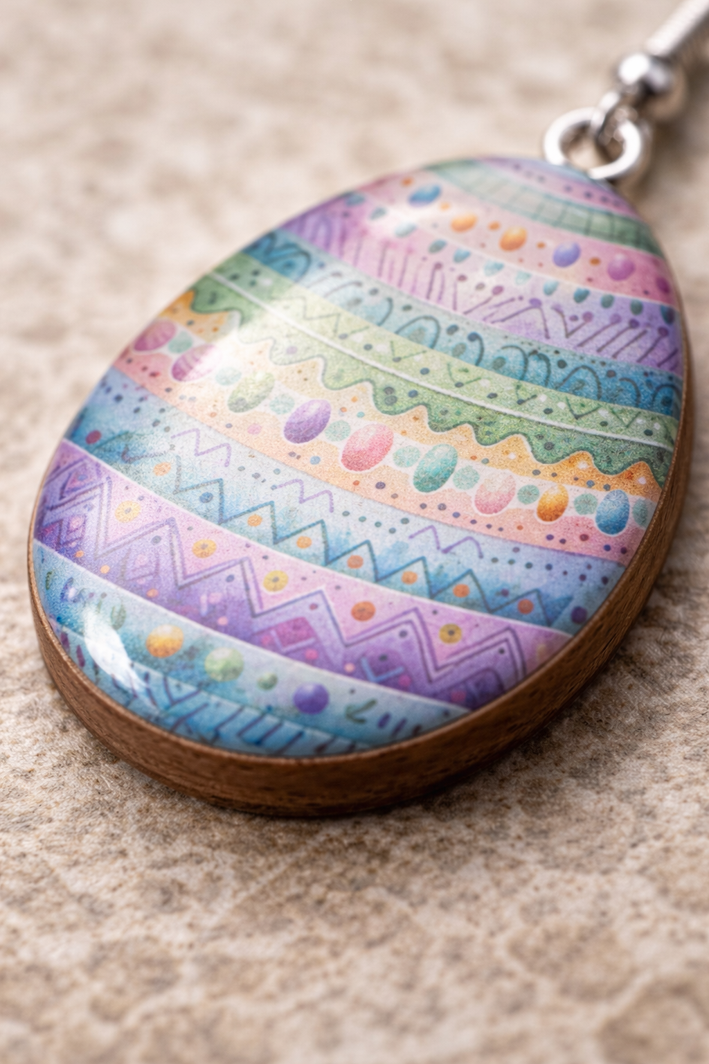 Pastel Pattern Egg Wood and Resin Earrings – Handmade Wood and UV Resin Lightweight Dangle Earrings