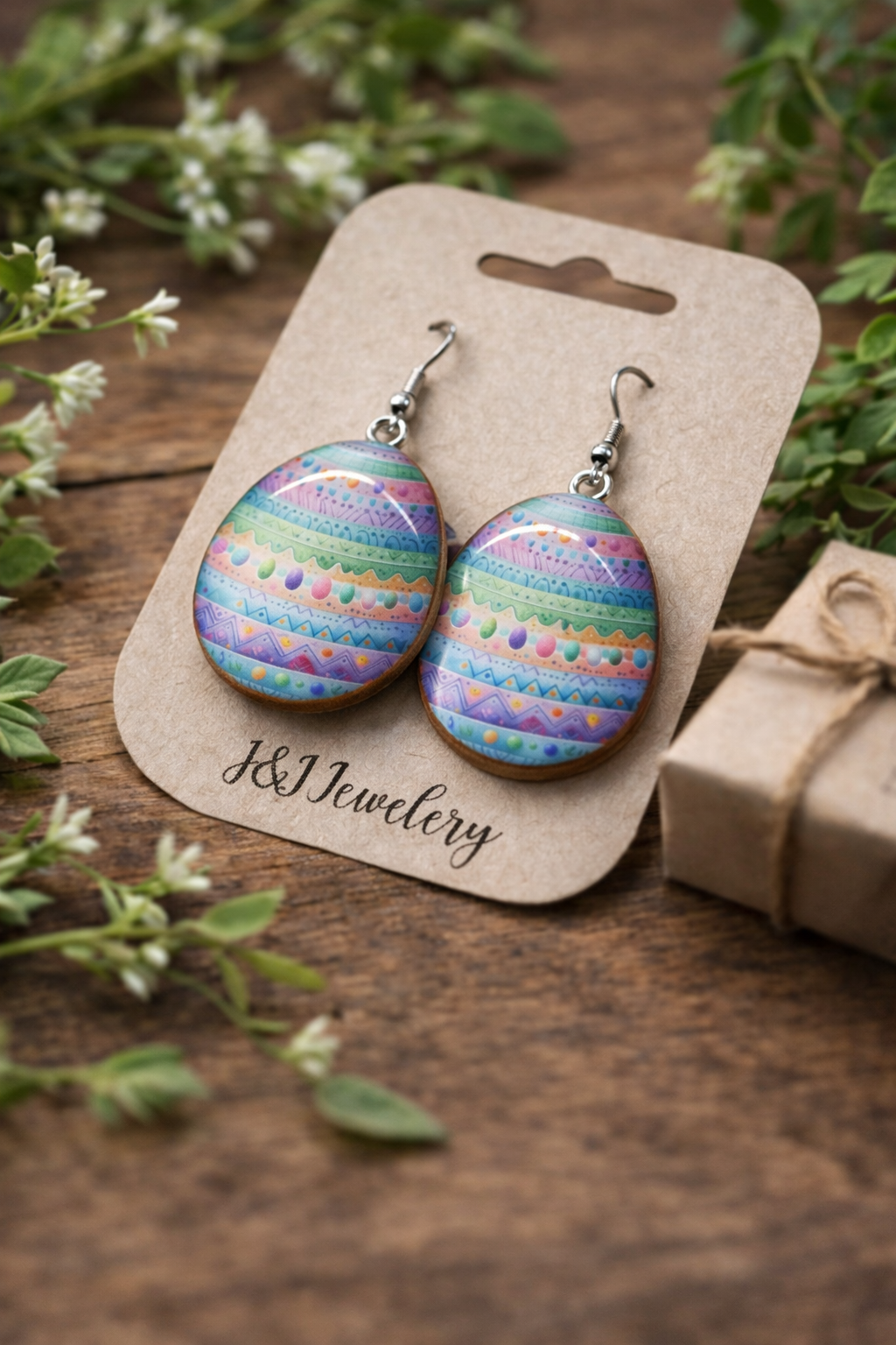 Pastel Pattern Egg Wood and Resin Earrings – Handmade Wood and UV Resin Lightweight Dangle Earrings