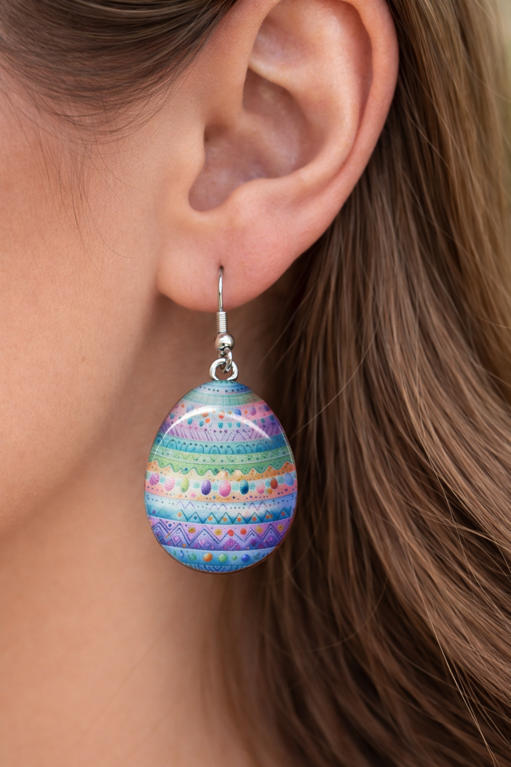 Pastel Pattern Egg Wood and Resin Earrings – Handmade Wood and UV Resin Lightweight Dangle Earrings